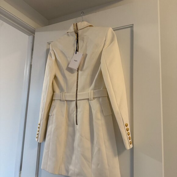 NWT Balmain Wool Jacket Dress Belted Lapel Collar White w/ Embellishments Sz 38 - Picture 9 of 11